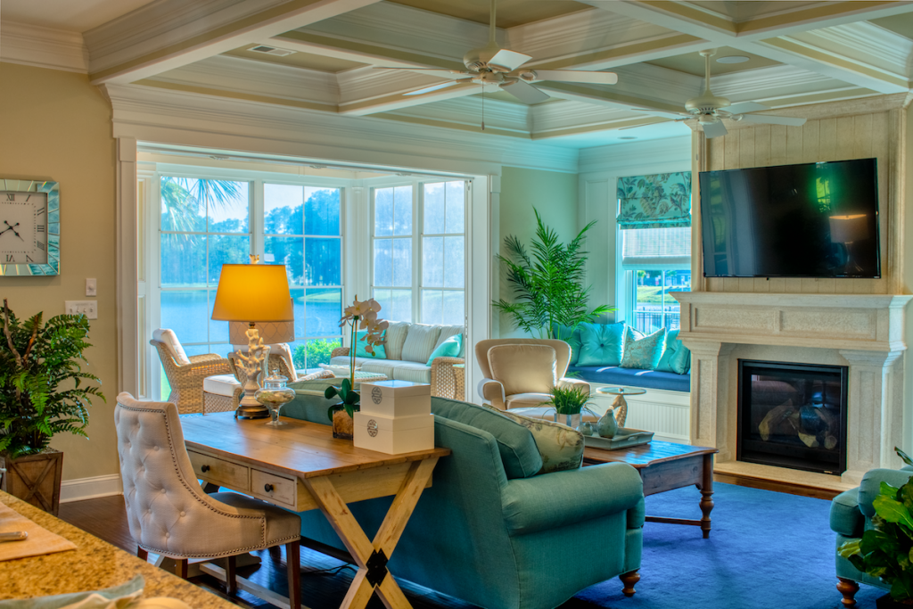 great room of dream home with coffered ceiling